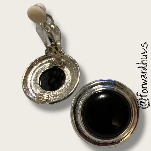 Vintage Silver Tone Clip-On Earrings – Black Accents - Picture 7 of 8